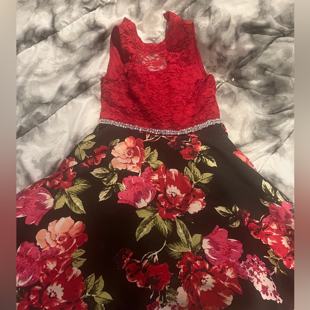 Red black and floral sleeveless girls dress